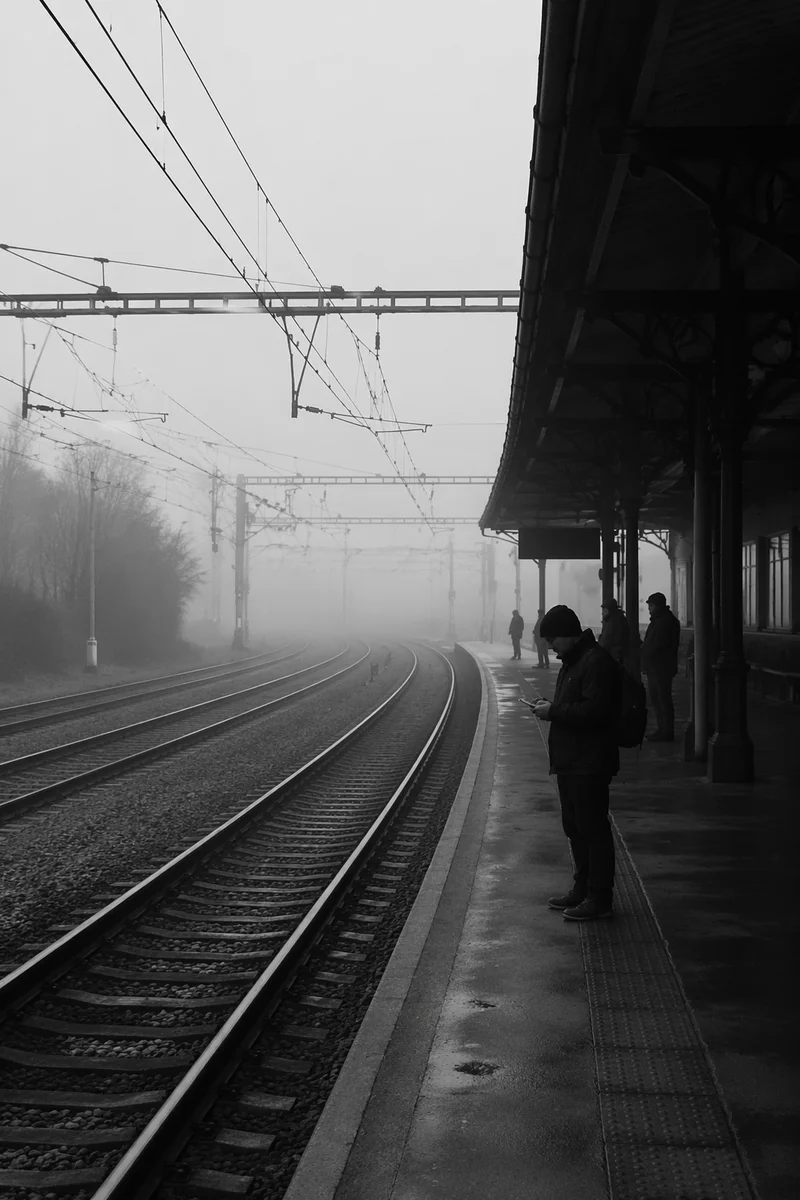 Foggy Railway Platform with Waiting Commuters