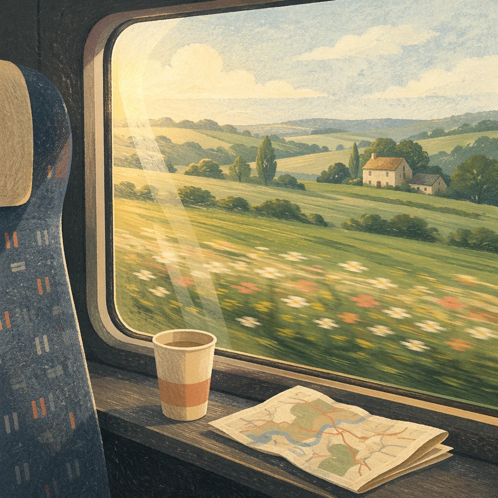 Countryside View Through Quiet Train Window