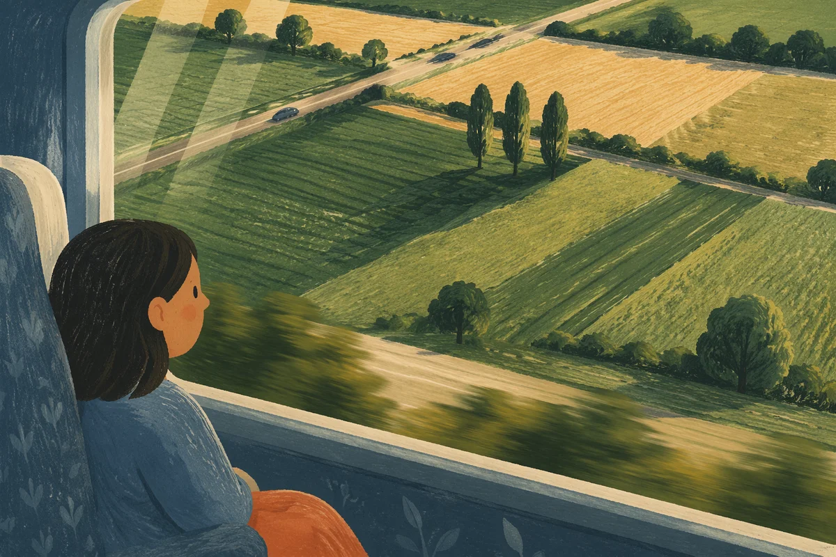 Countryside Fields Through a Train Window