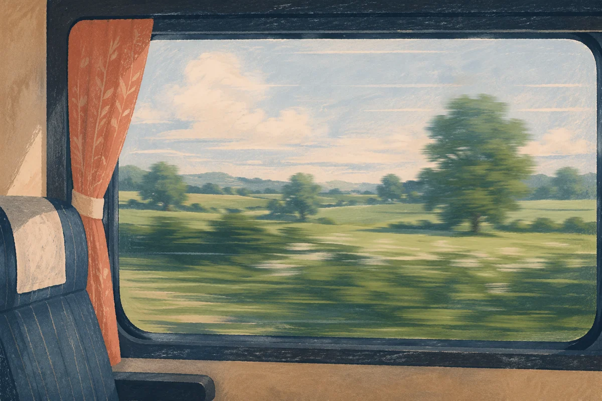 Train Window View of Passing Countryside
