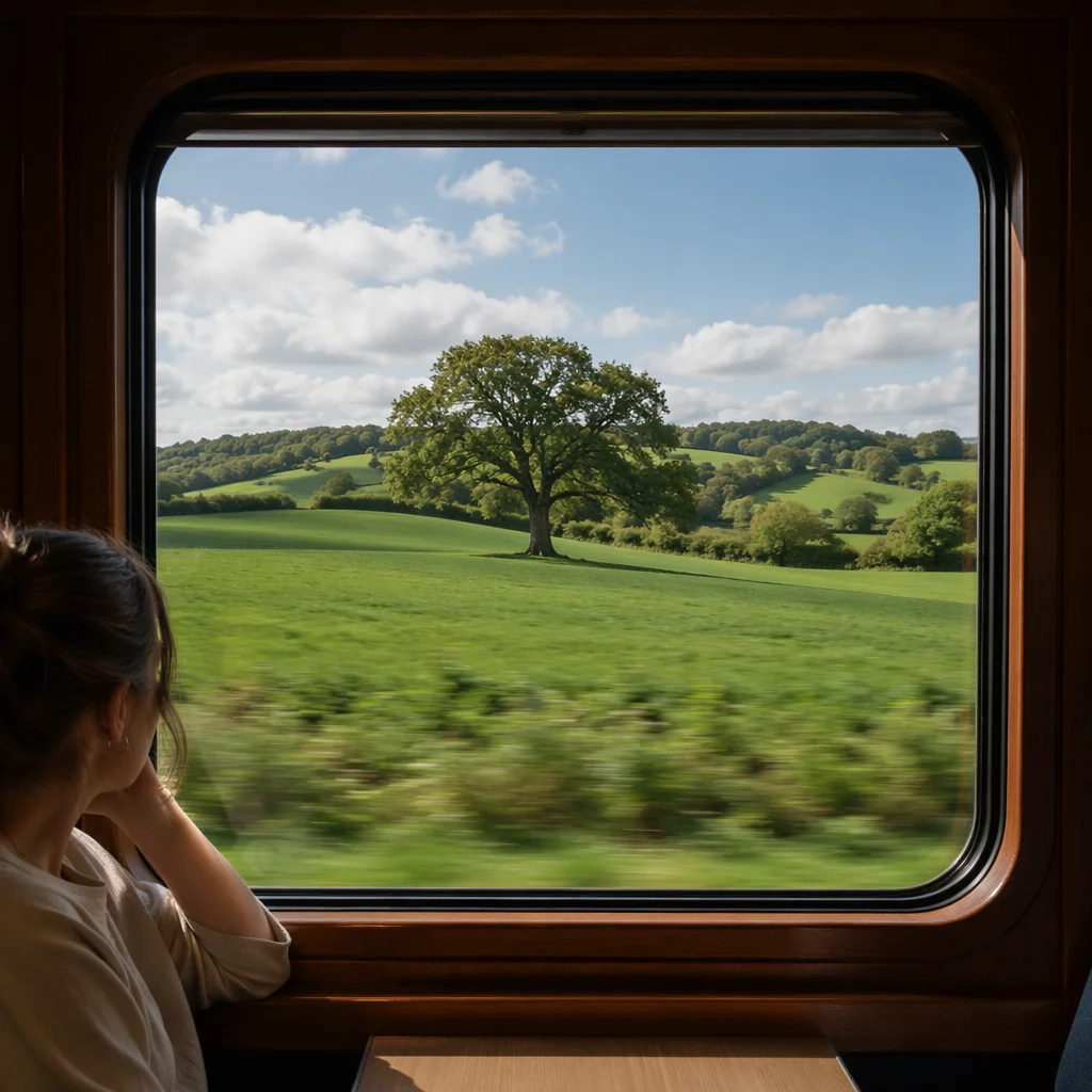 Peaceful Countryside View from Train Window