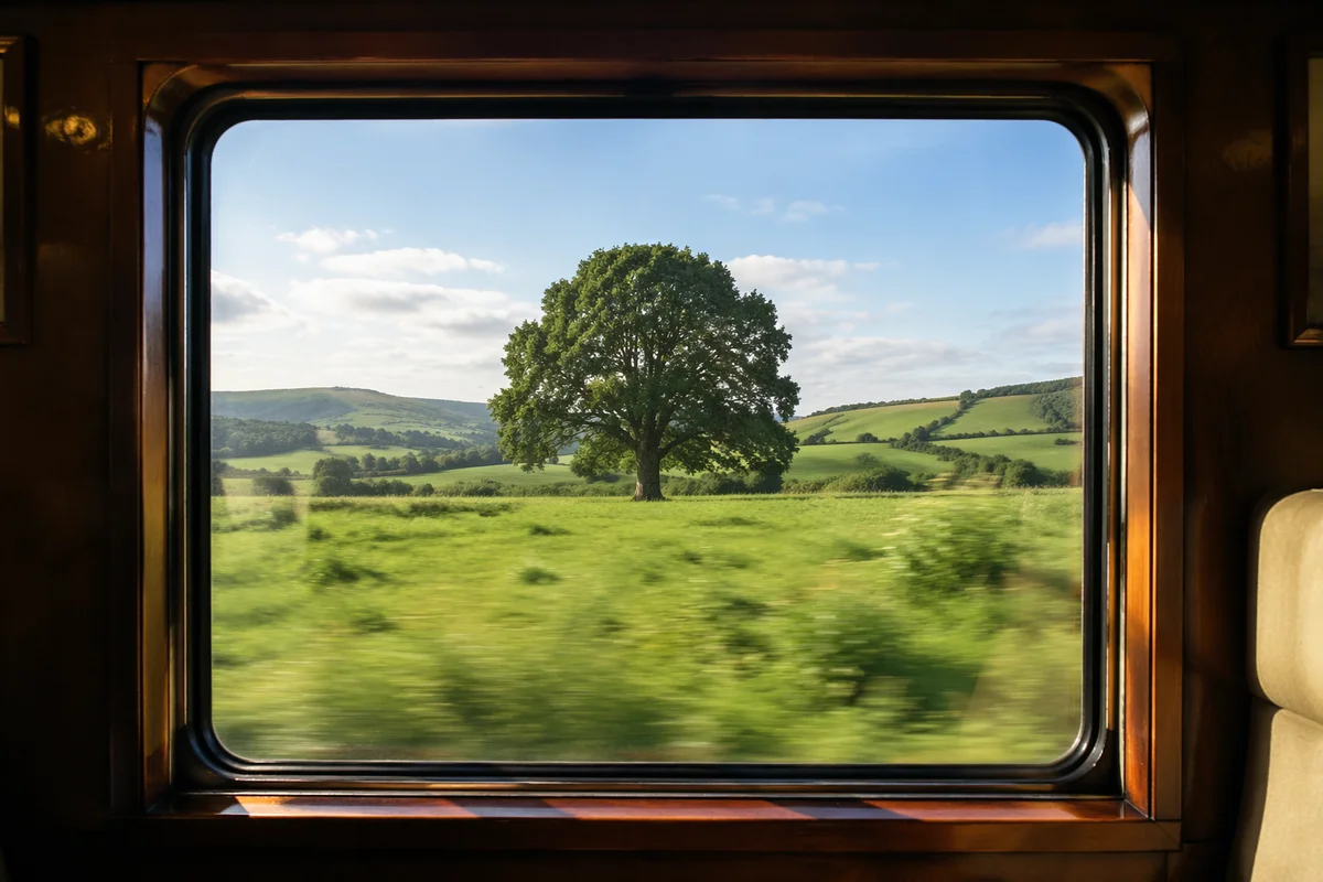 Peaceful Countryside View Through Train Window
