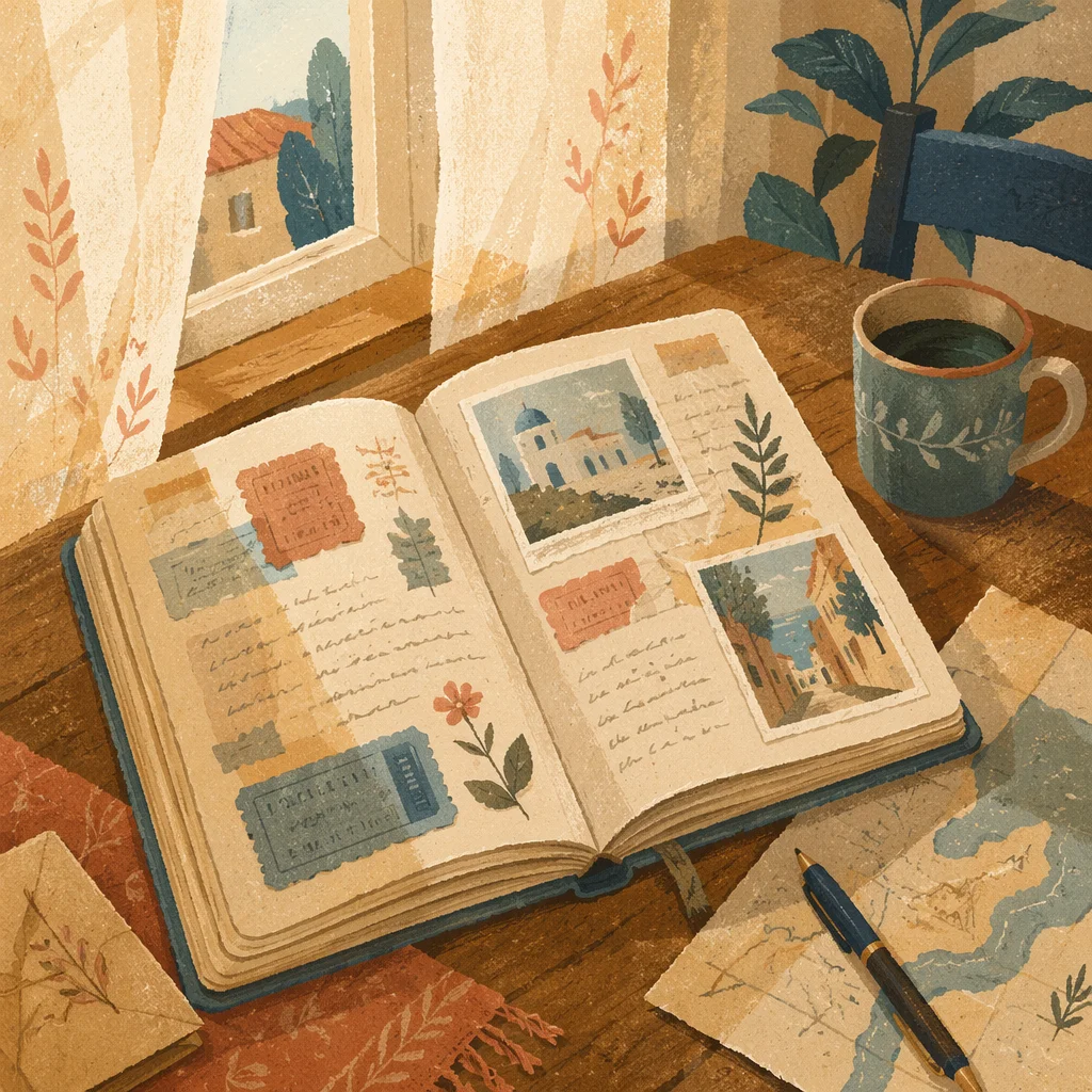 Open Travel Journal with Tickets and Photos