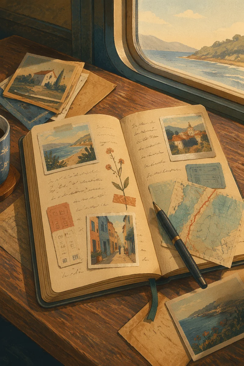Open Travel Journal with Tickets and Photos