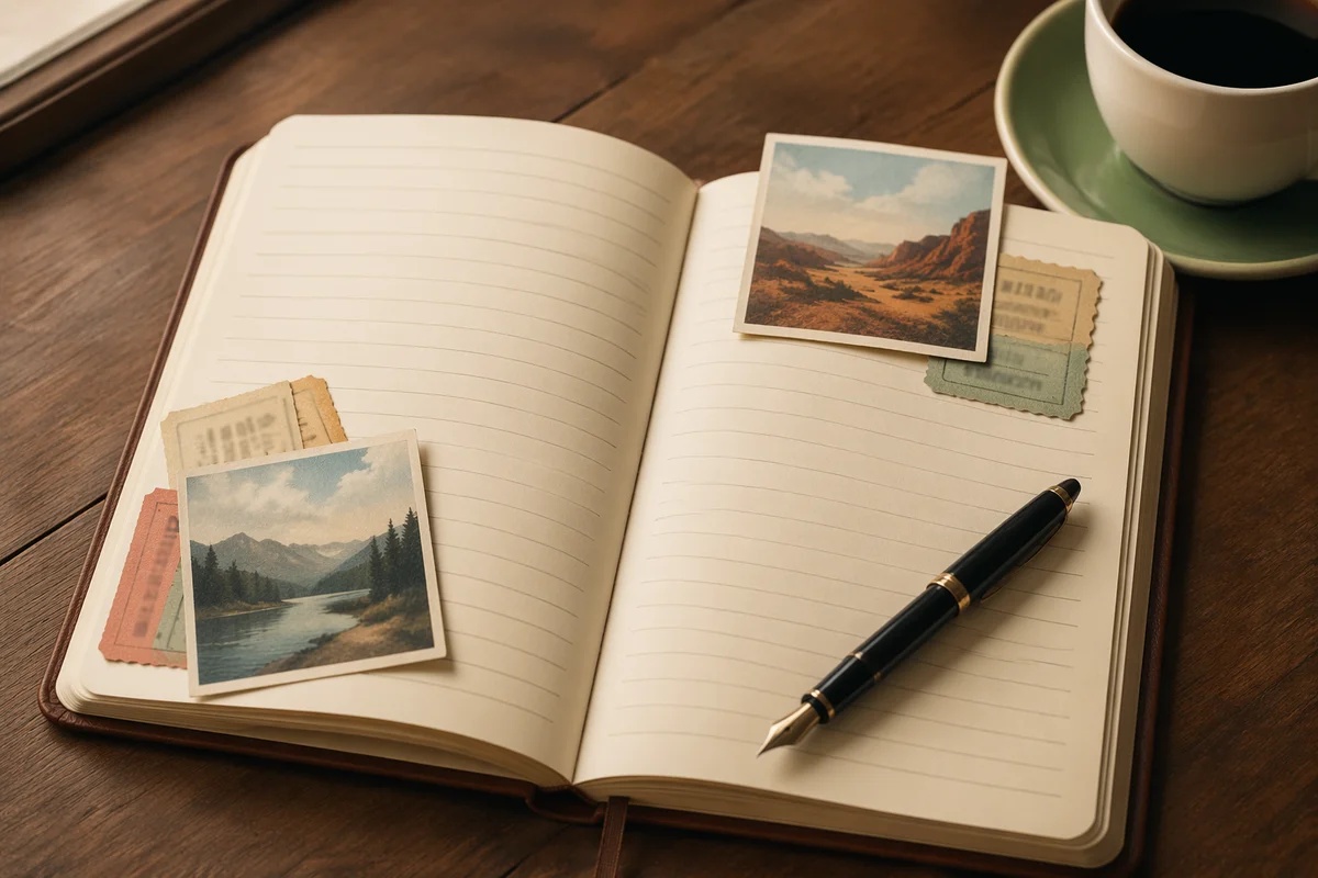 Open Travel Journal with Tickets and Photos