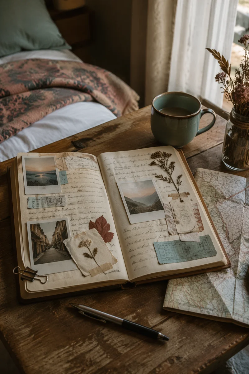 Open Travel Journal with Tickets and Photos