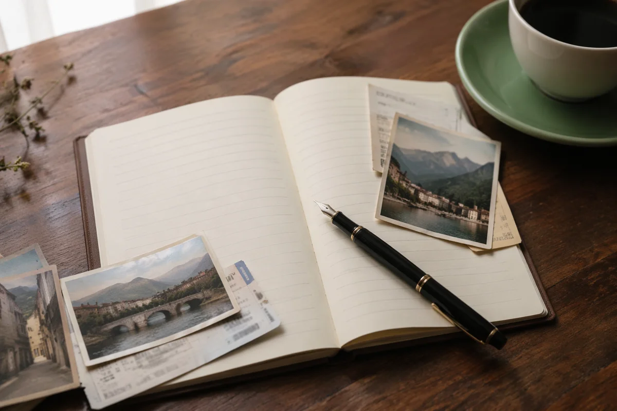 Open Travel Journal with Tickets and Photos
