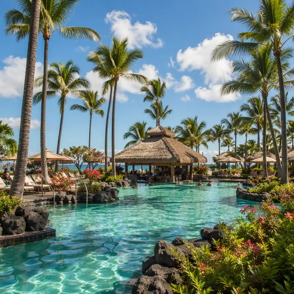 Tropical Resort Pool with Palm Trees