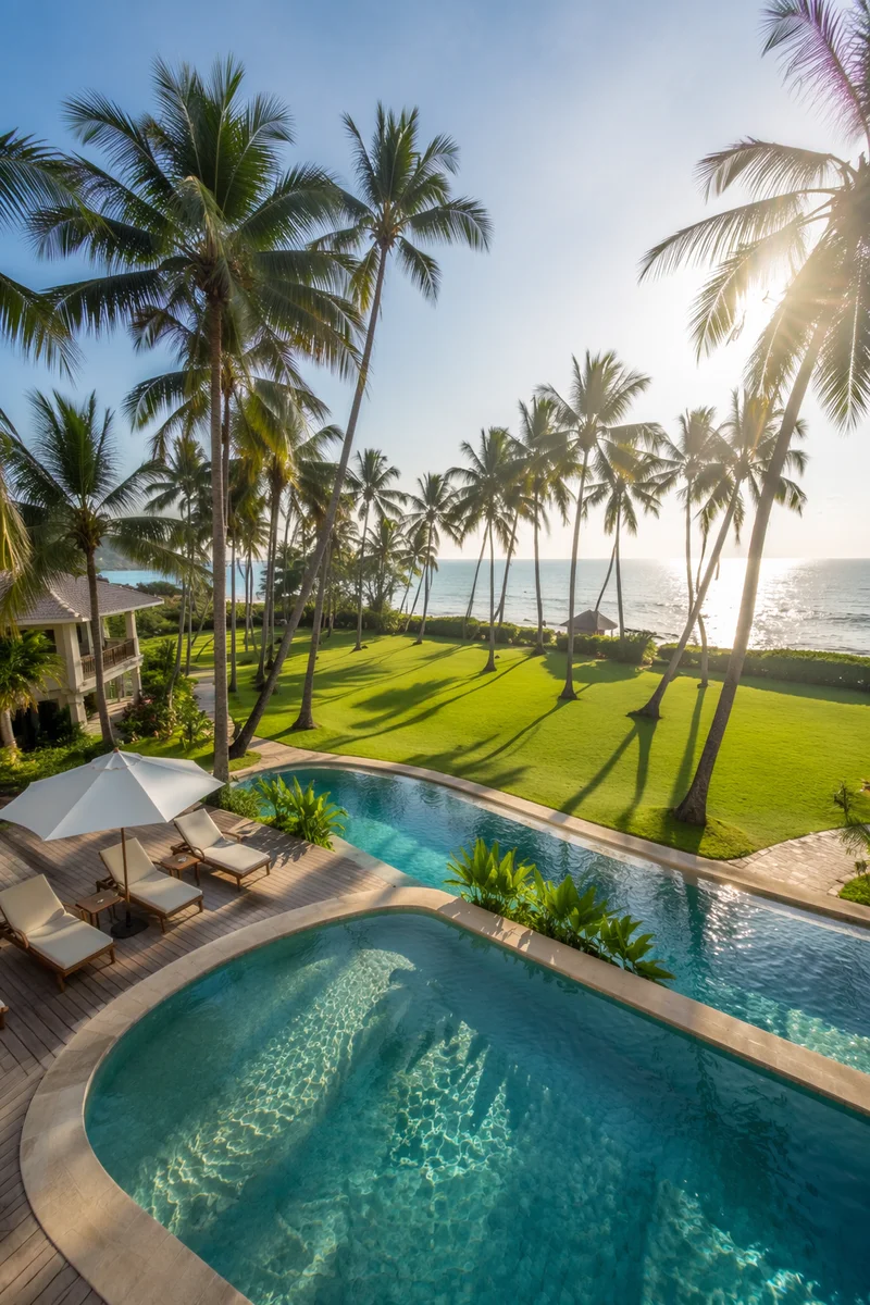 Tropical Resort Pools With Ocean Palms