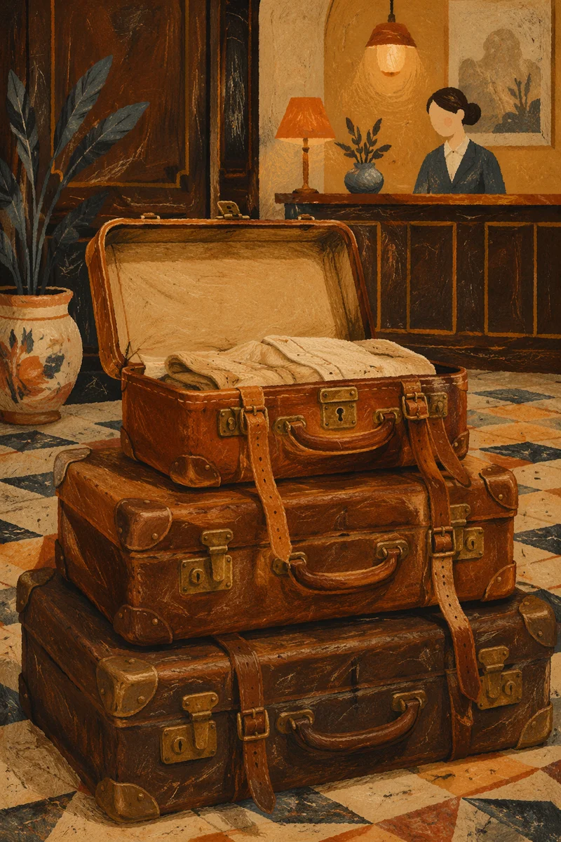 Vintage Suitcases in Warm Hotel Lobby