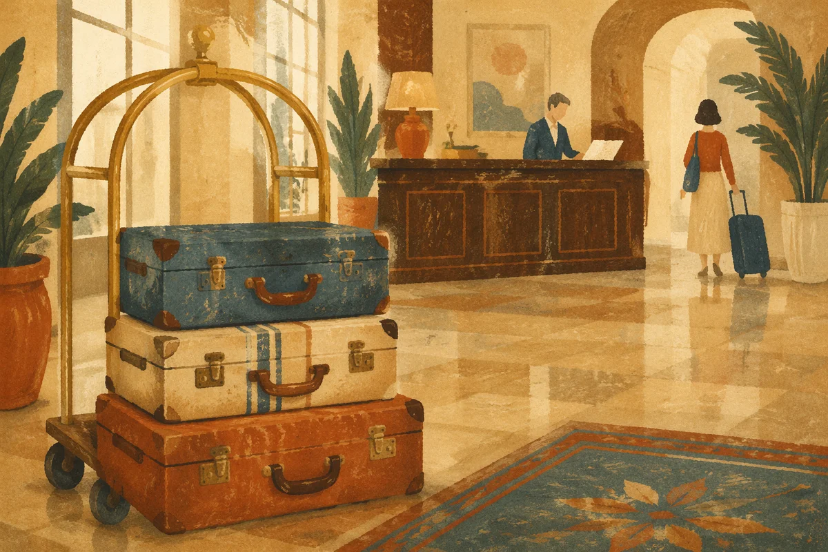 Vintage Suitcases in Quiet Hotel Lobby