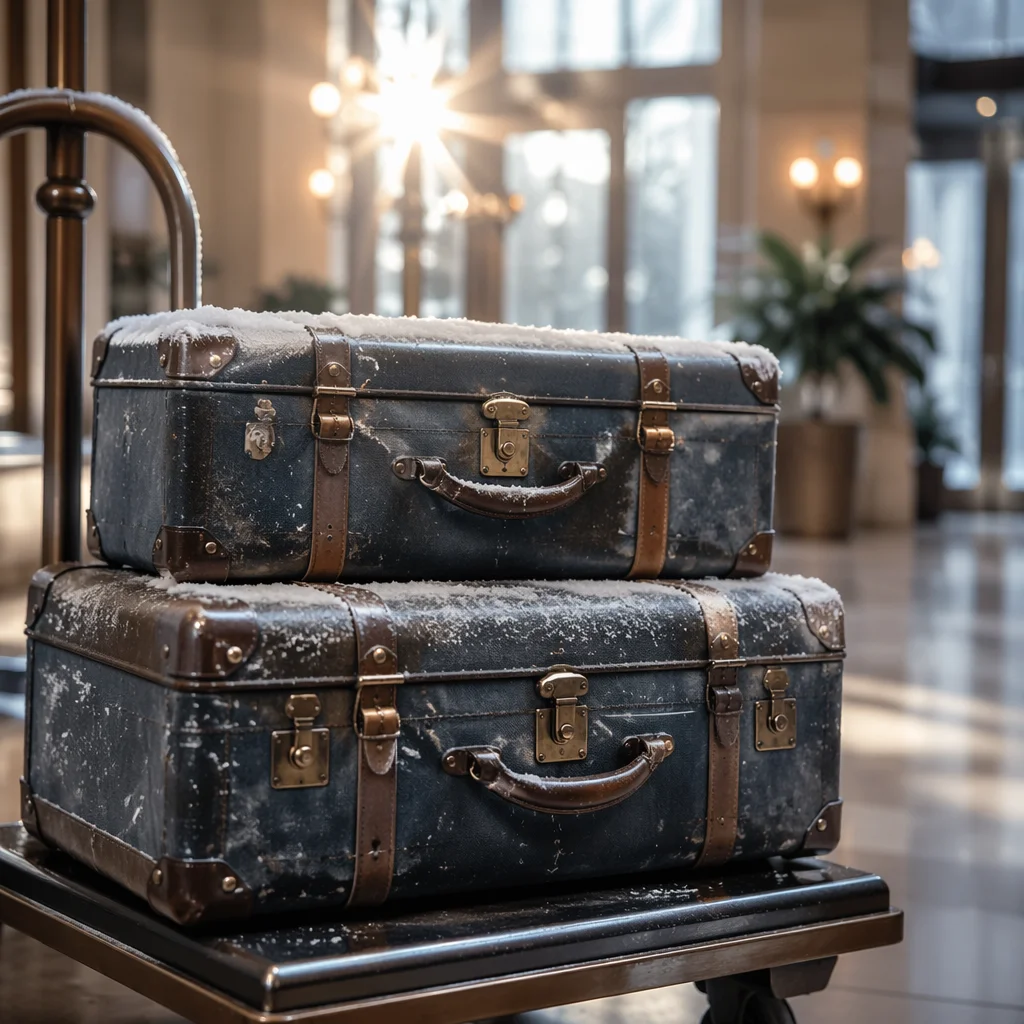 Frosted Vintage Suitcases in Hotel Lobby