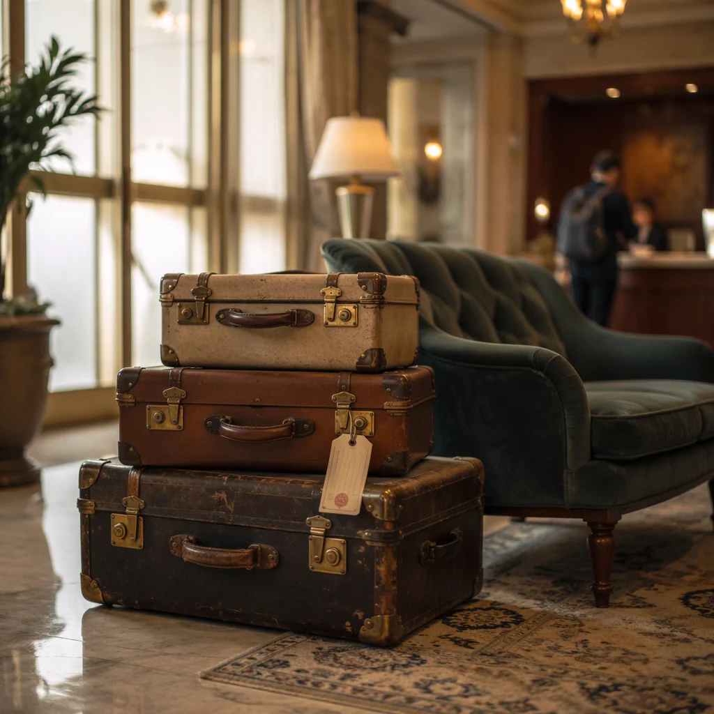 Vintage Suitcases in Quiet Hotel Lobby