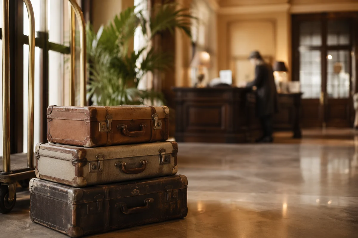 Vintage Suitcases in Quiet Hotel Lobby