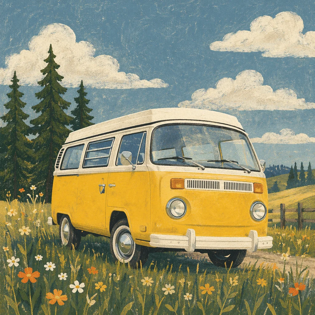 Vintage Yellow Camper Van in Meadow