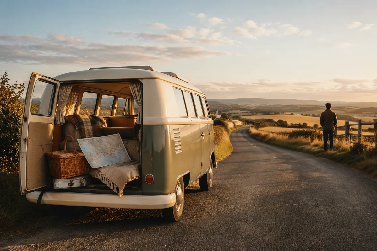 Vintage Camper Van Countryside Road Trip