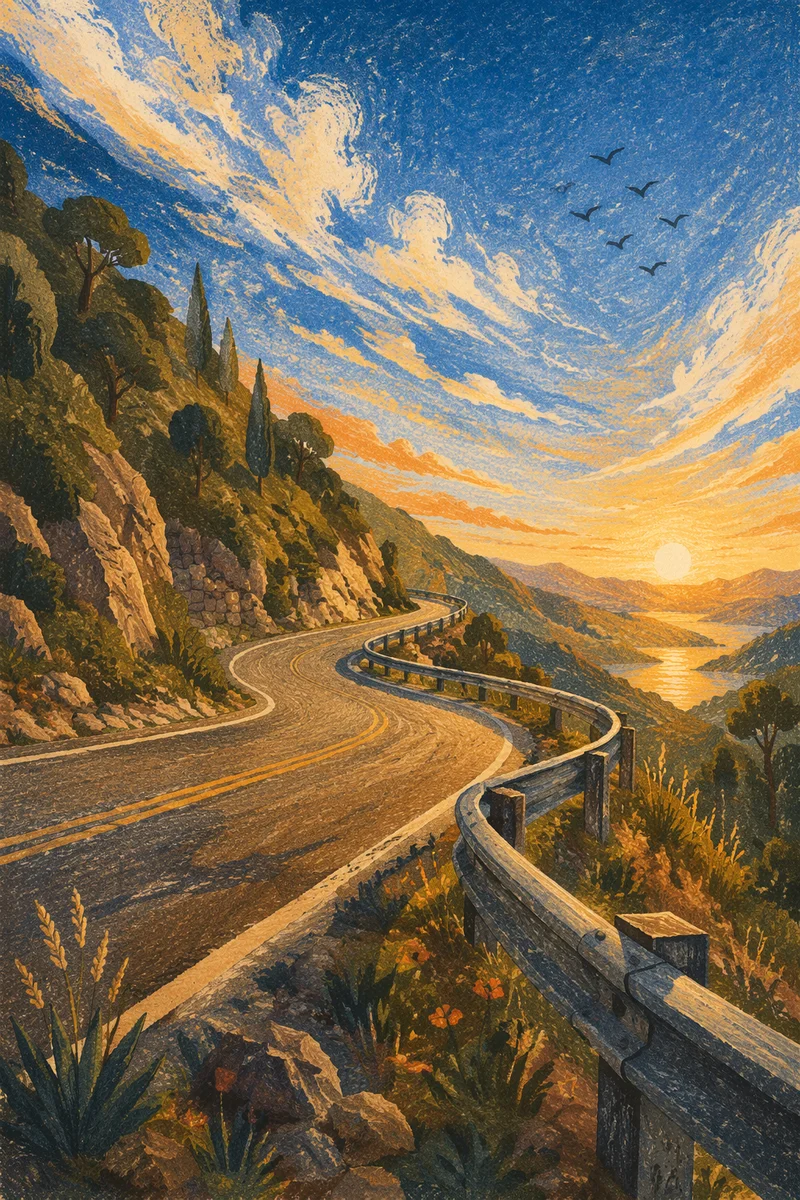 Winding Mountain Road at Golden Sunset