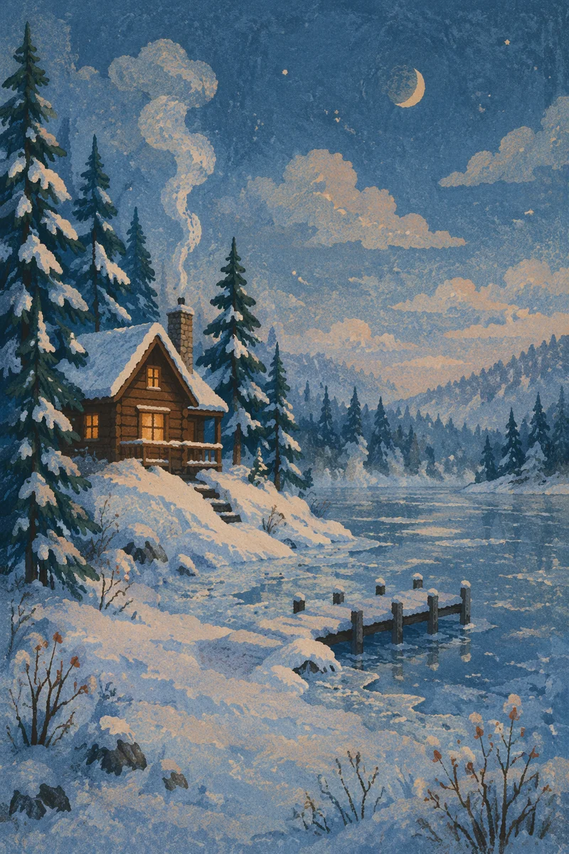 Cozy Wooden Cabin by Frozen Lake