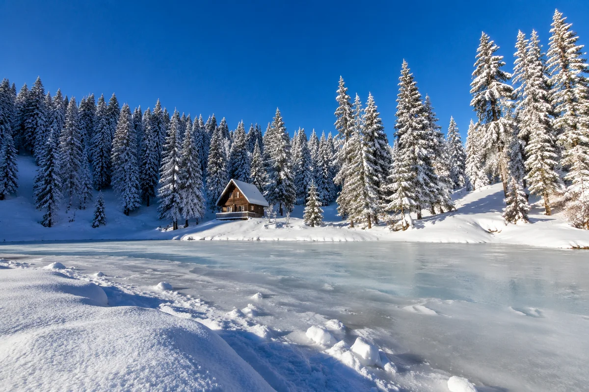 Rustic Cabin by Frozen Alpine Lake