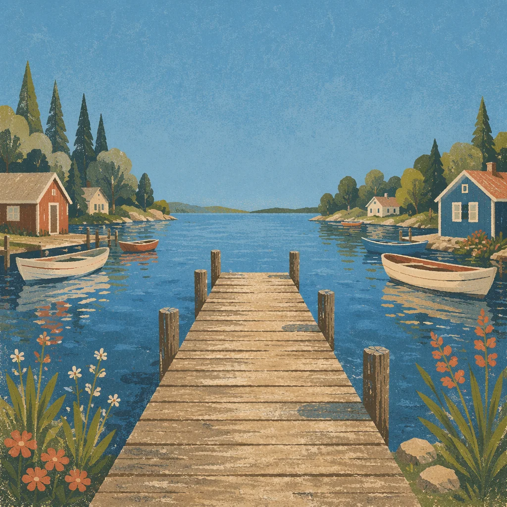 Wooden Dock on Calm Blue Lake