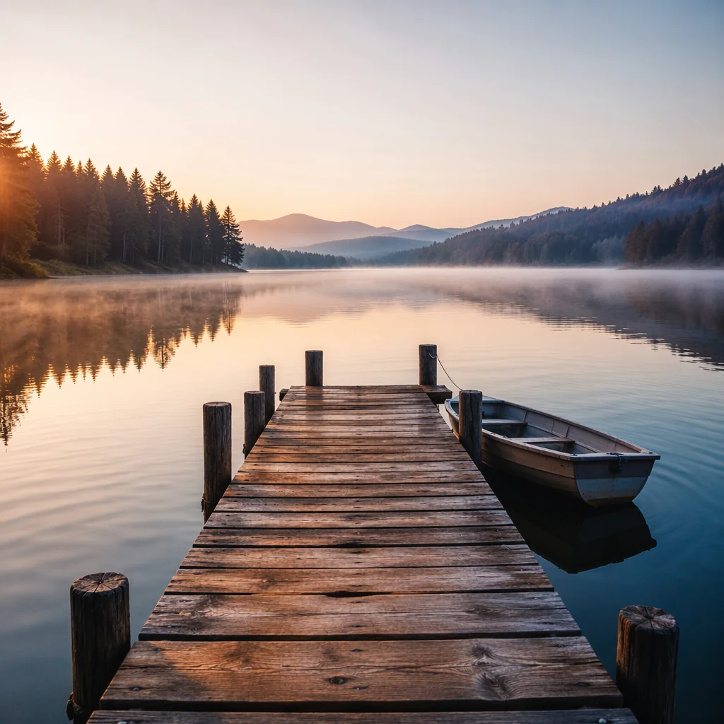 Wooden Dock at Calm Morning Lake