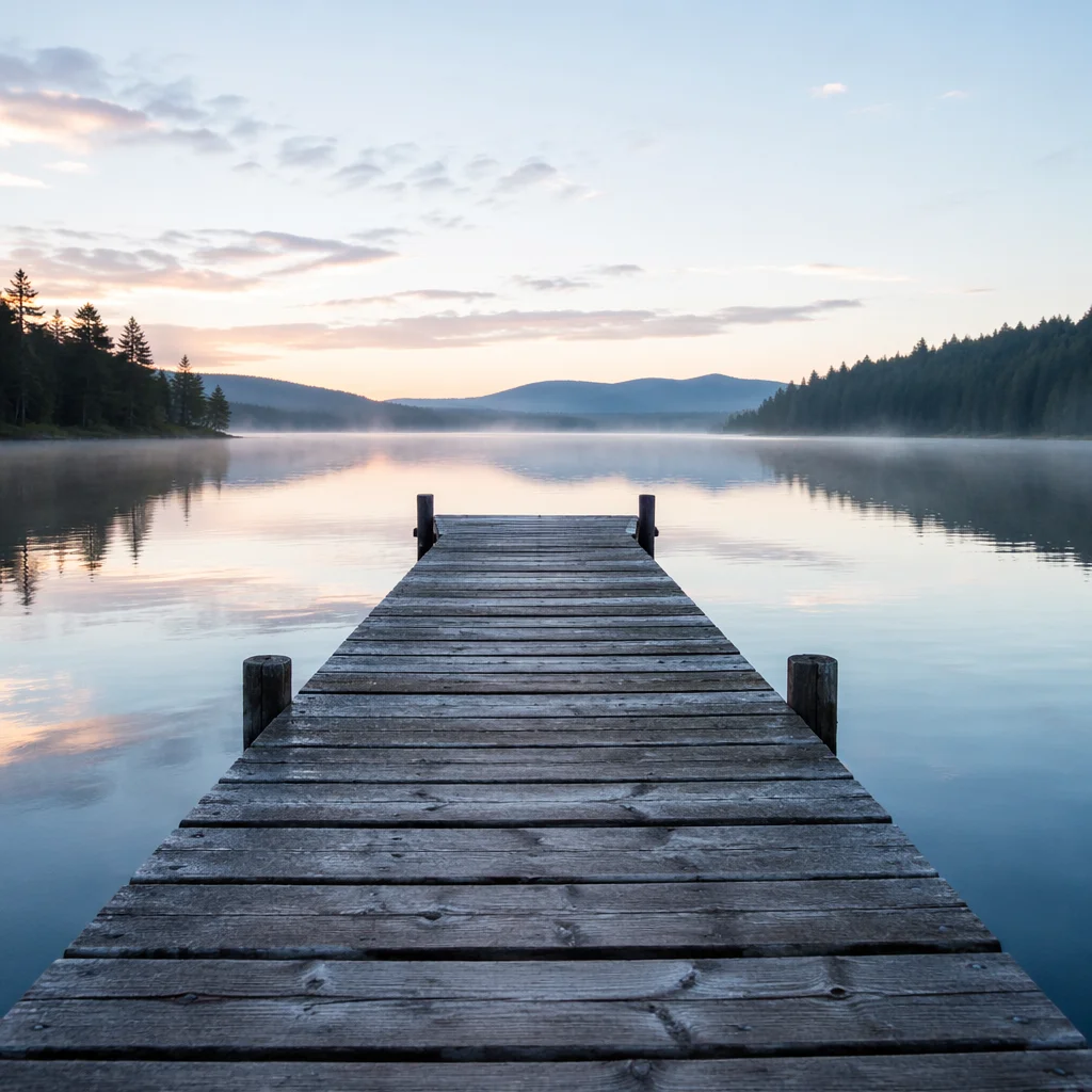 Peaceful Wooden Dock at Sunrise Lake