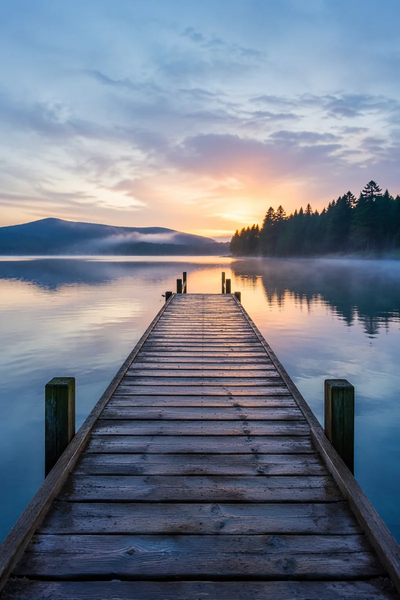 Wooden Dock at Calm Sunrise Lake