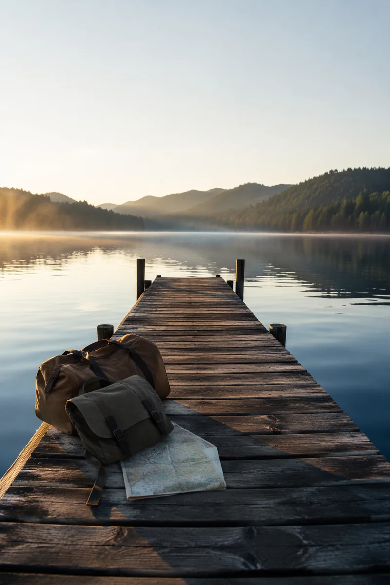 Wooden Dock on Calm Morning Lake