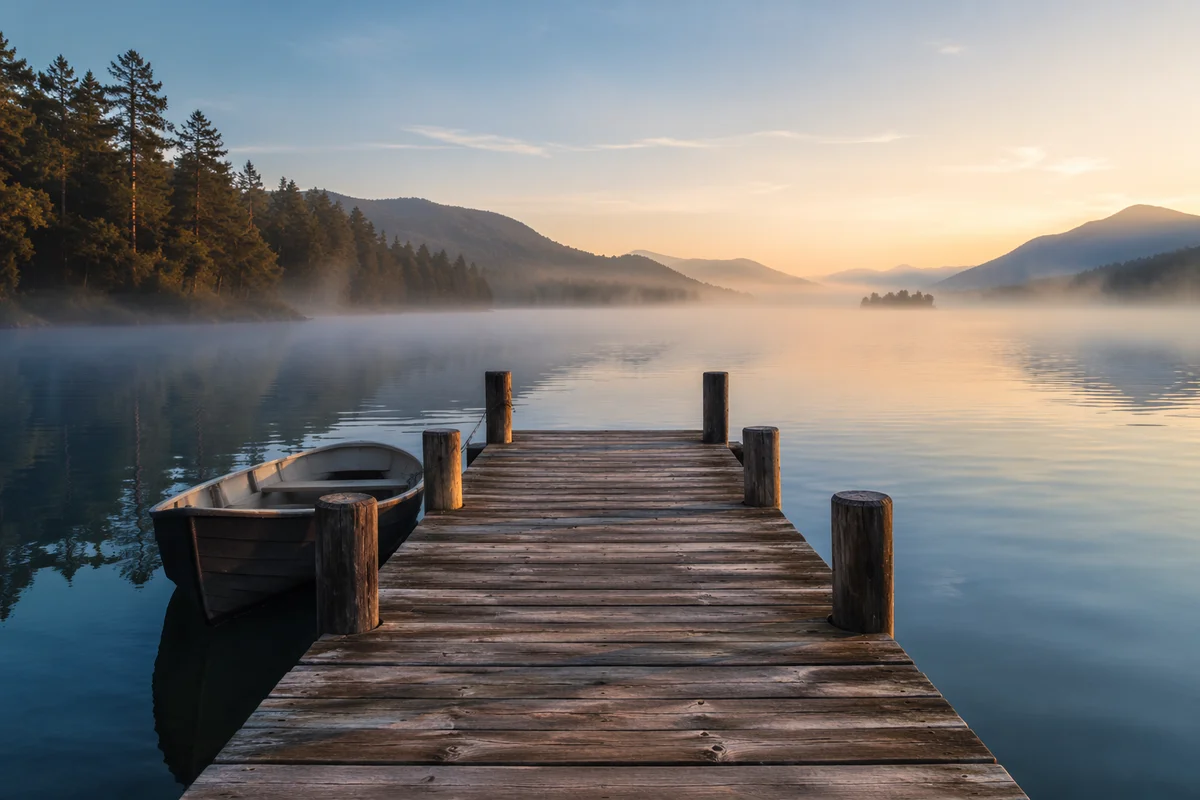 Wooden Dock on Calm Morning Lake