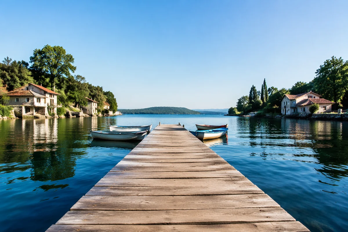 Wooden Dock on Calm Blue Lake