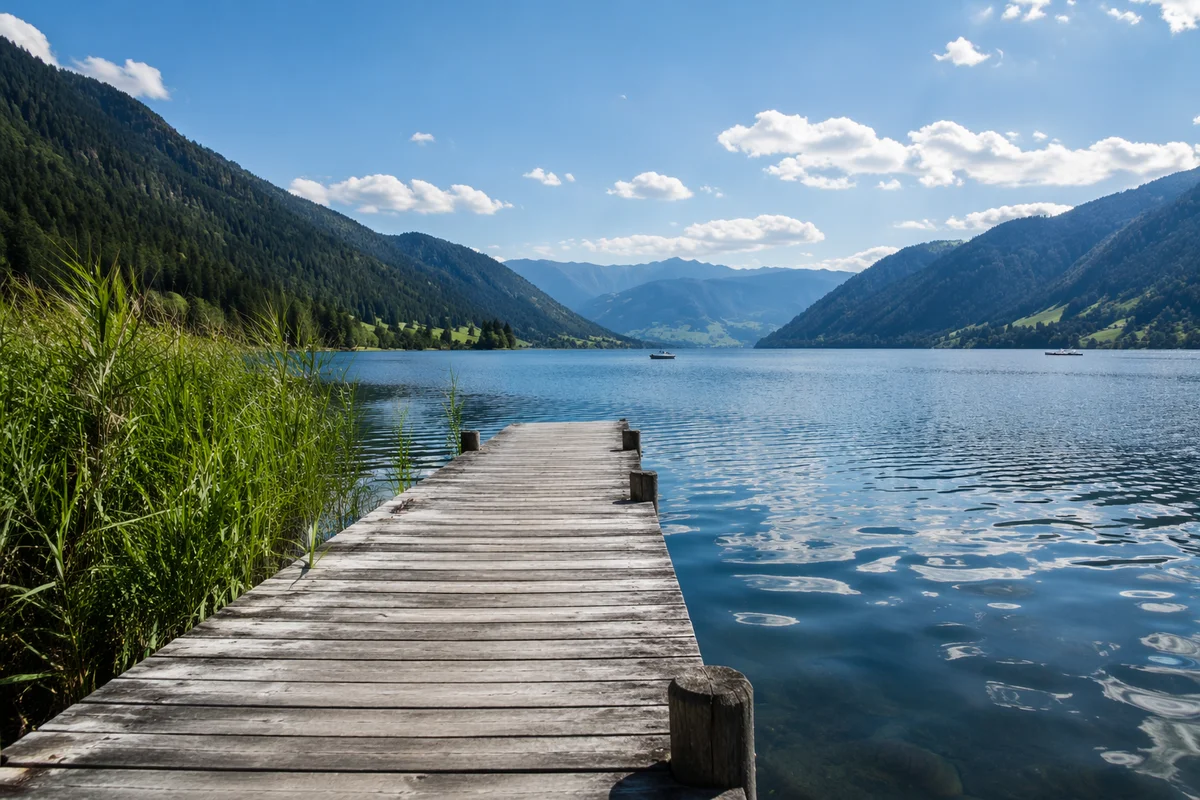 Wooden Dock on Calm Alpine Lake