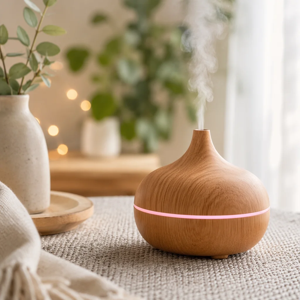 Cozy Wood Diffuser With Soft Pink Mist