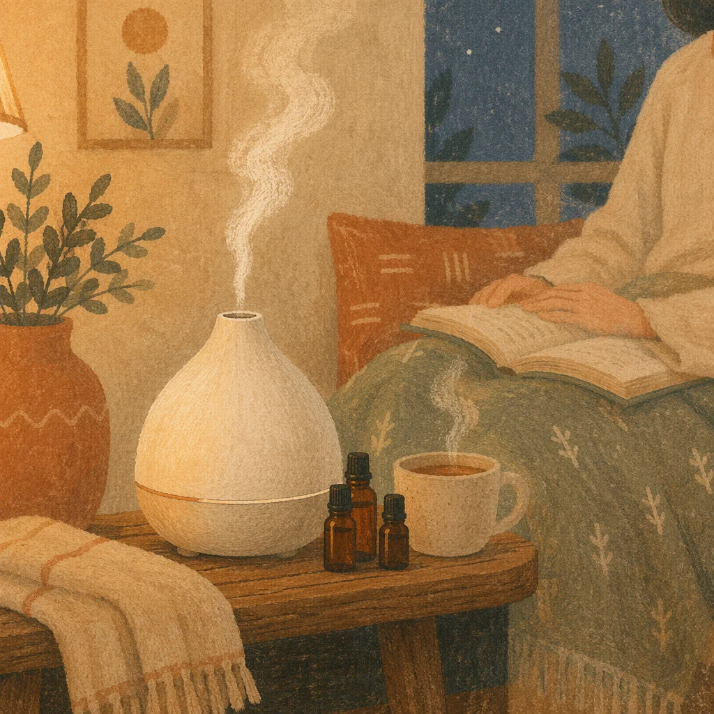 Cozy Aromatherapy Diffuser in Evening Reading Nook