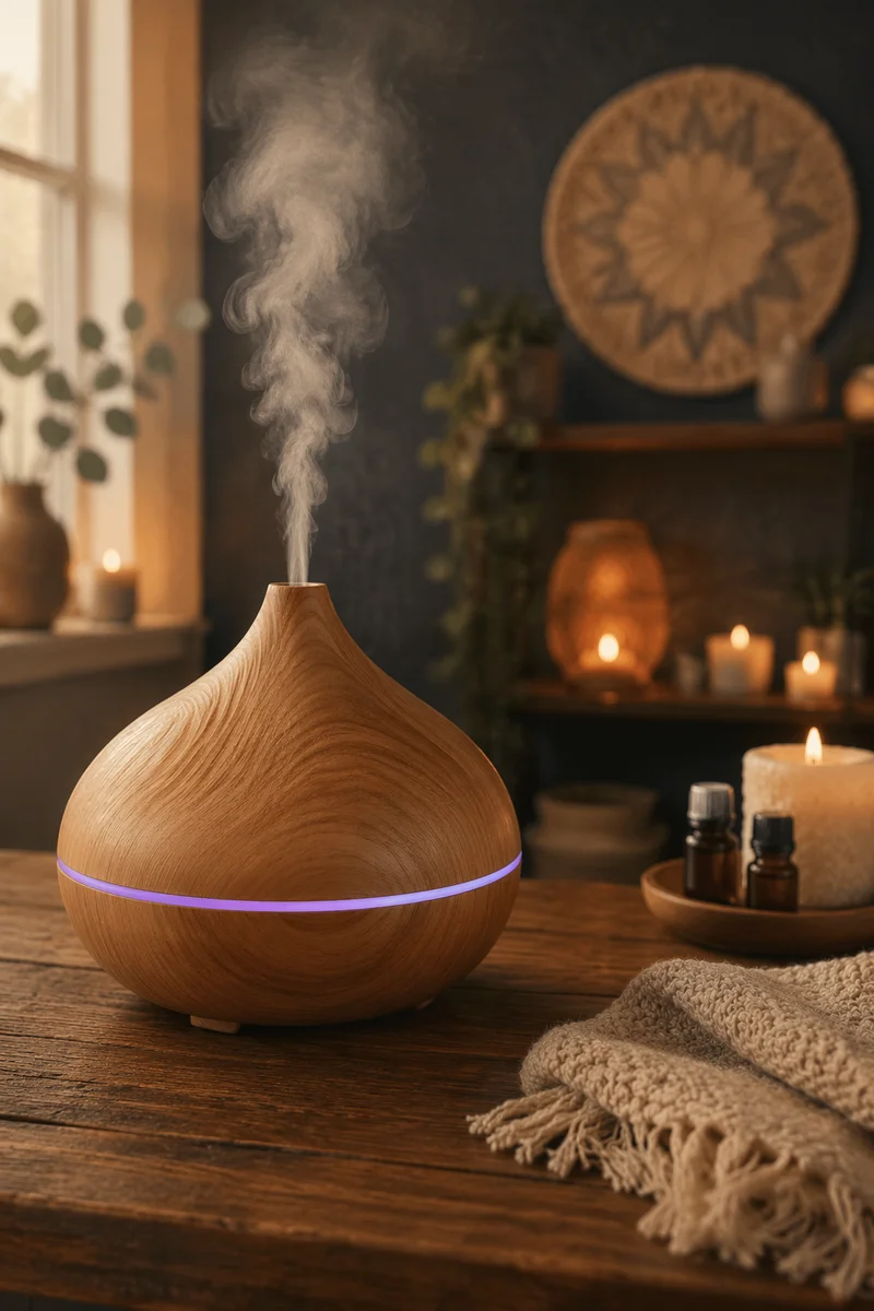 Cozy Aromatherapy Diffuser Mist in Wellness Room