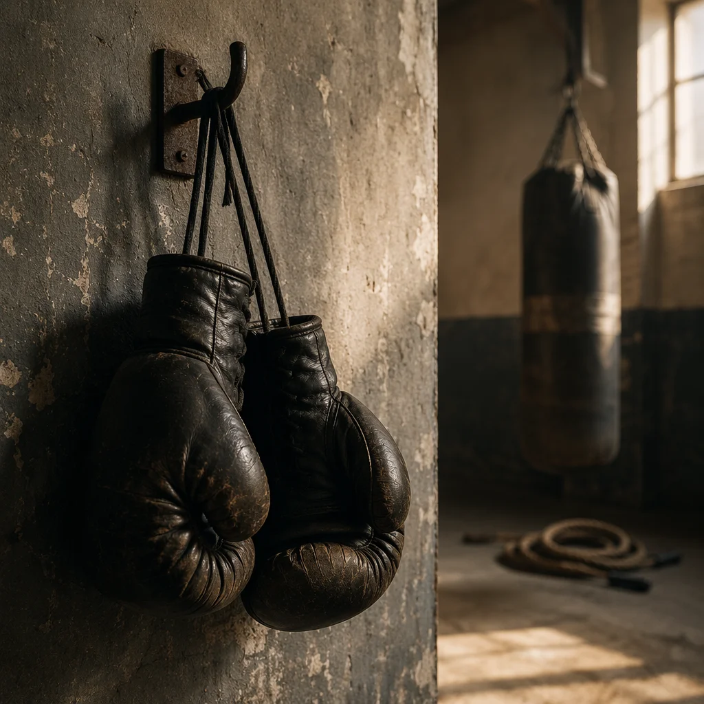 Worn Boxing Gloves in Gritty Gym
