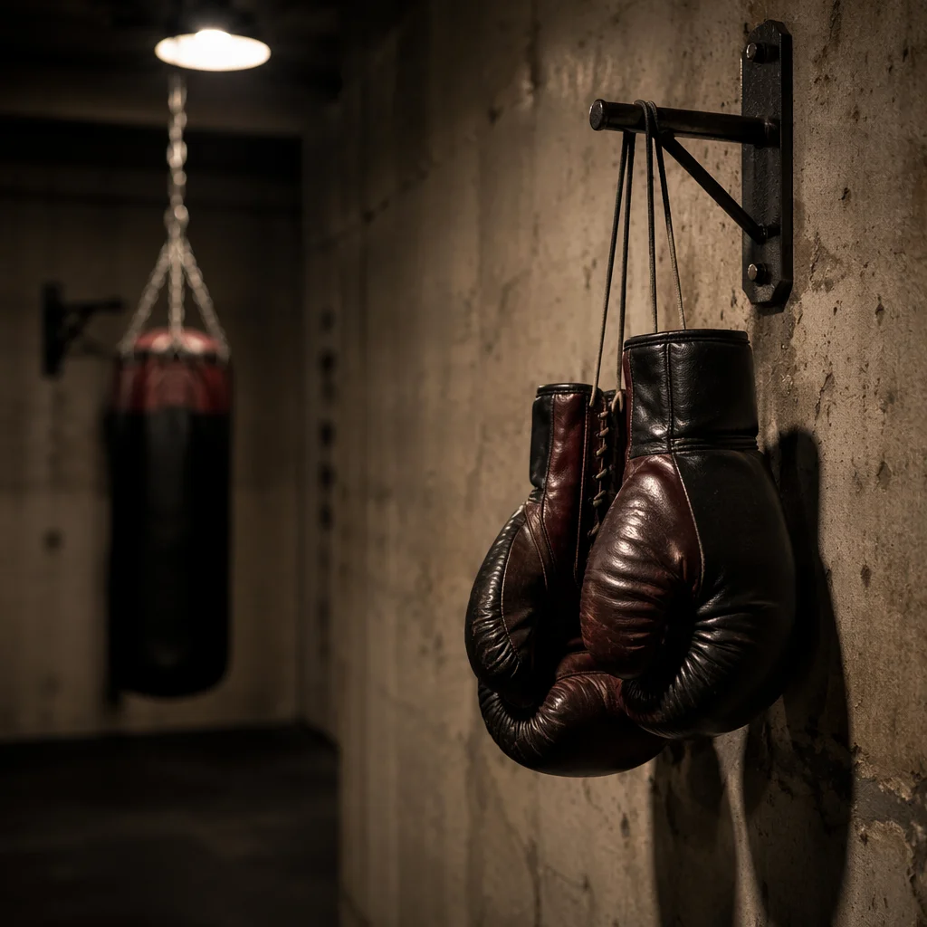 Gritty Boxing Gloves Hanging in Gym