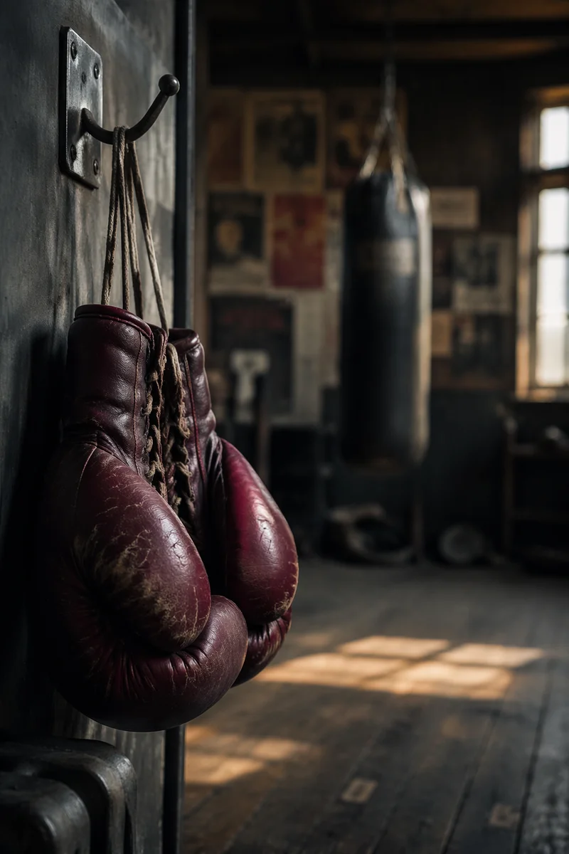 Worn Boxing Gloves in Gritty Gym