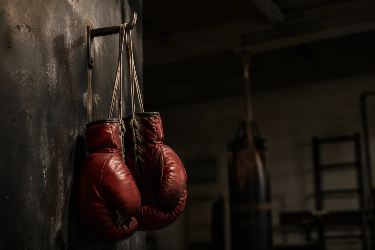 Worn Red Boxing Gloves in Gritty Gym