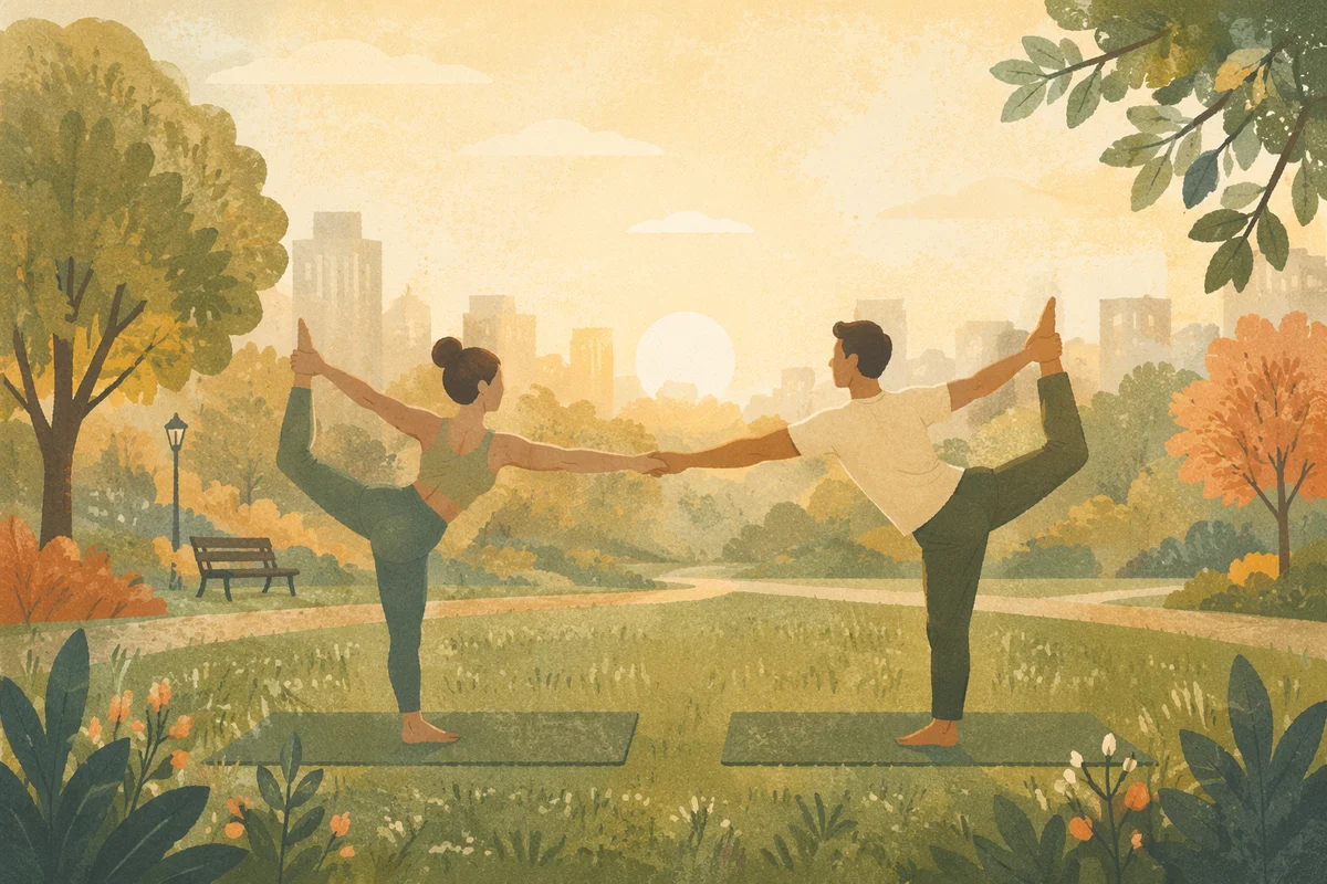 Couple Practicing Partner Yoga at Sunrise
