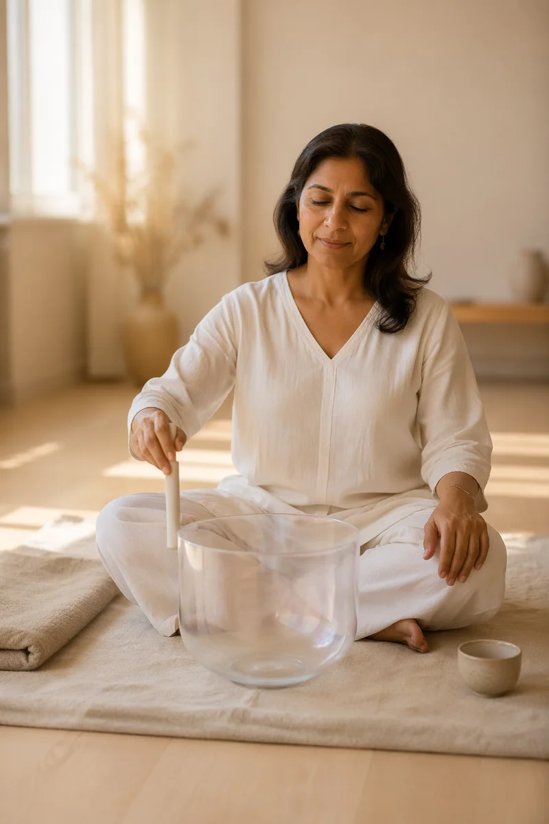 Woman Playing Crystal Singing Bowl Indoors