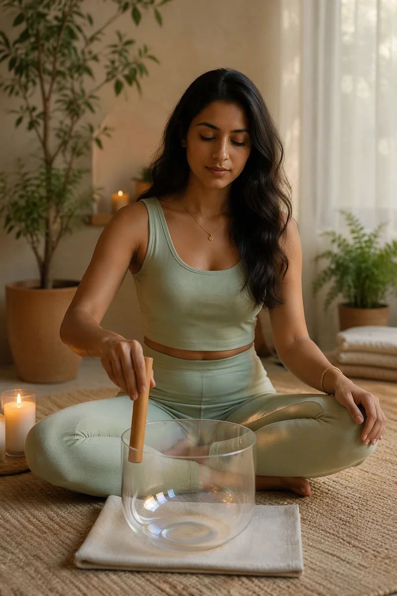 Woman Playing Crystal Singing Bowl Indoors