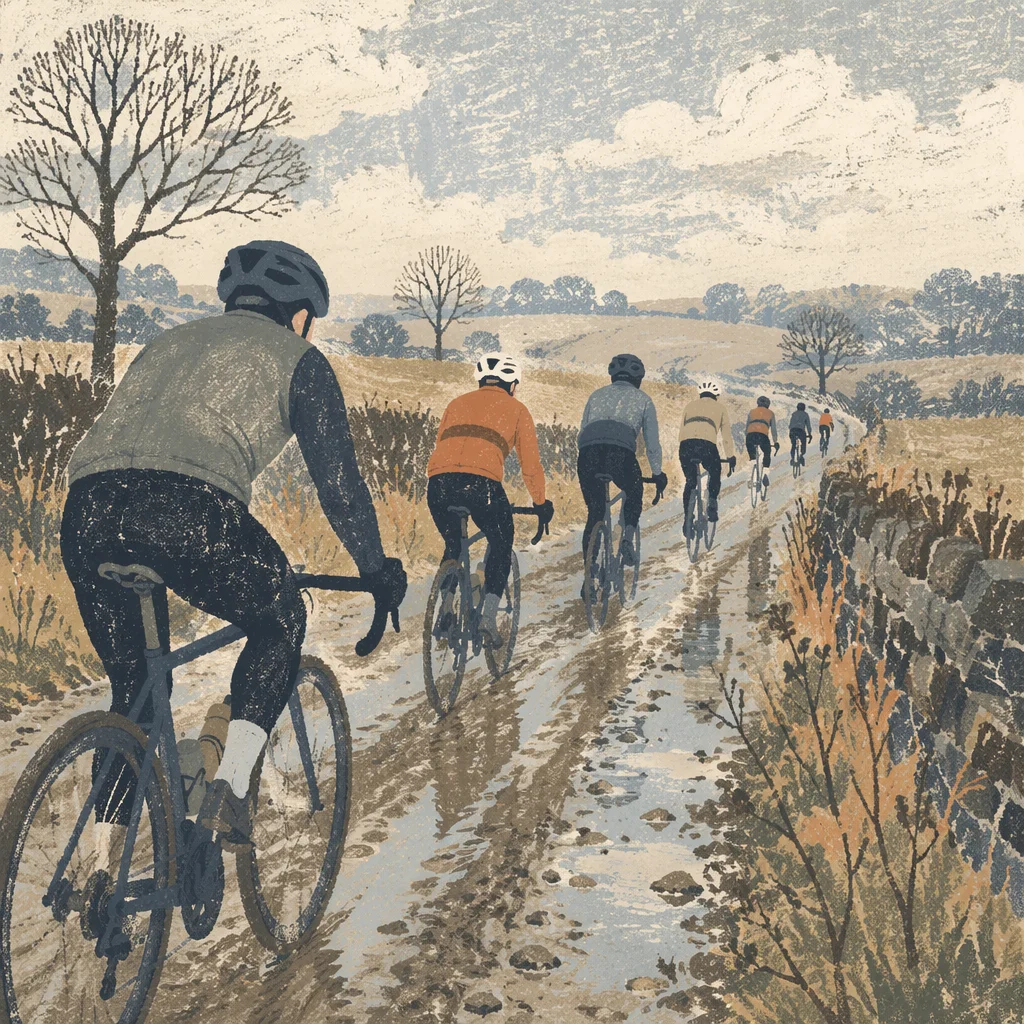 Countryside Cyclists on Misty Gravel Road