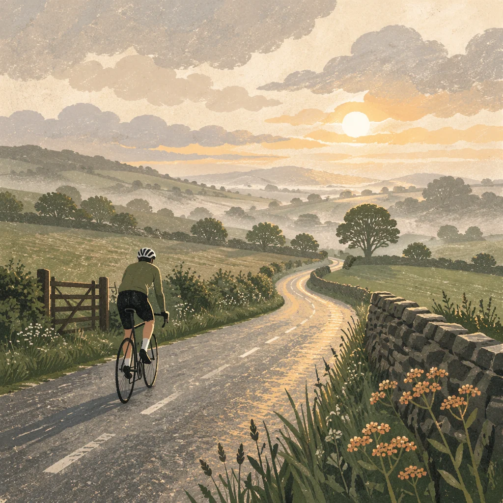Cyclist on Misty Countryside Morning Ride