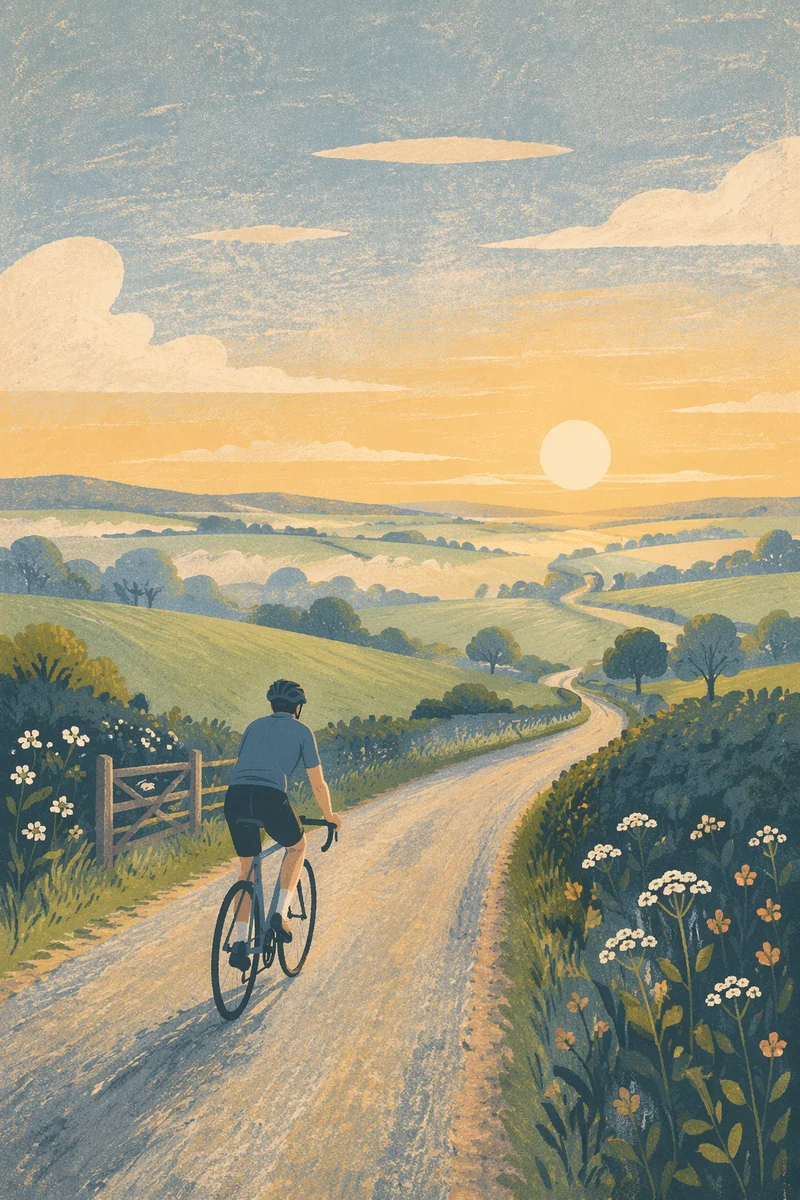 Cyclist on Misty Countryside Sunrise Road