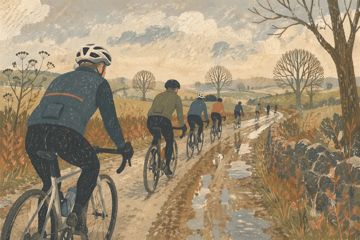 Countryside Road Cyclists in Misty Morning