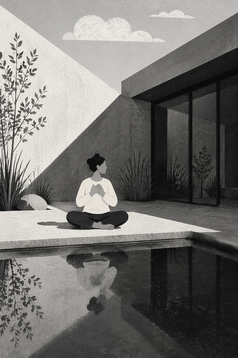 Calm Deep Breathing in Modern Courtyard