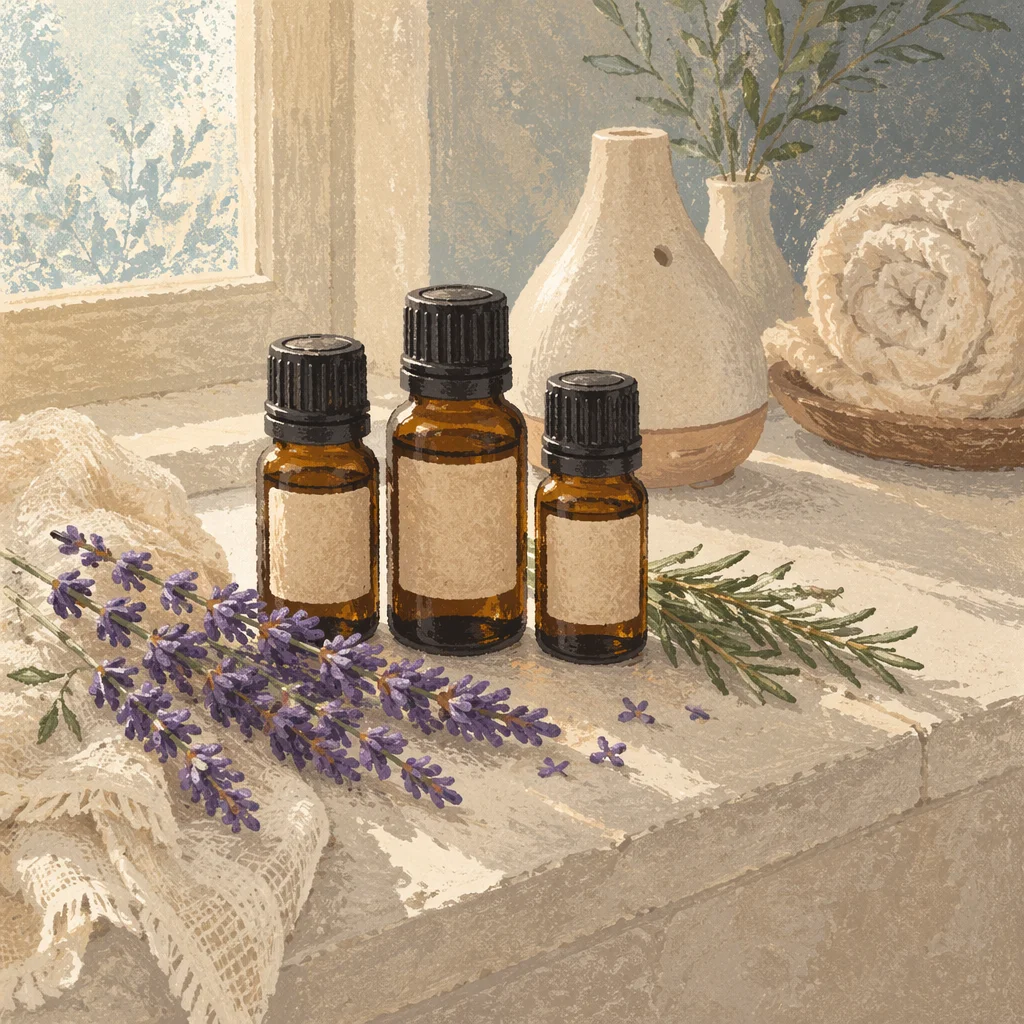 Lavender Essential Oil Bottles on Sunlit Shelf