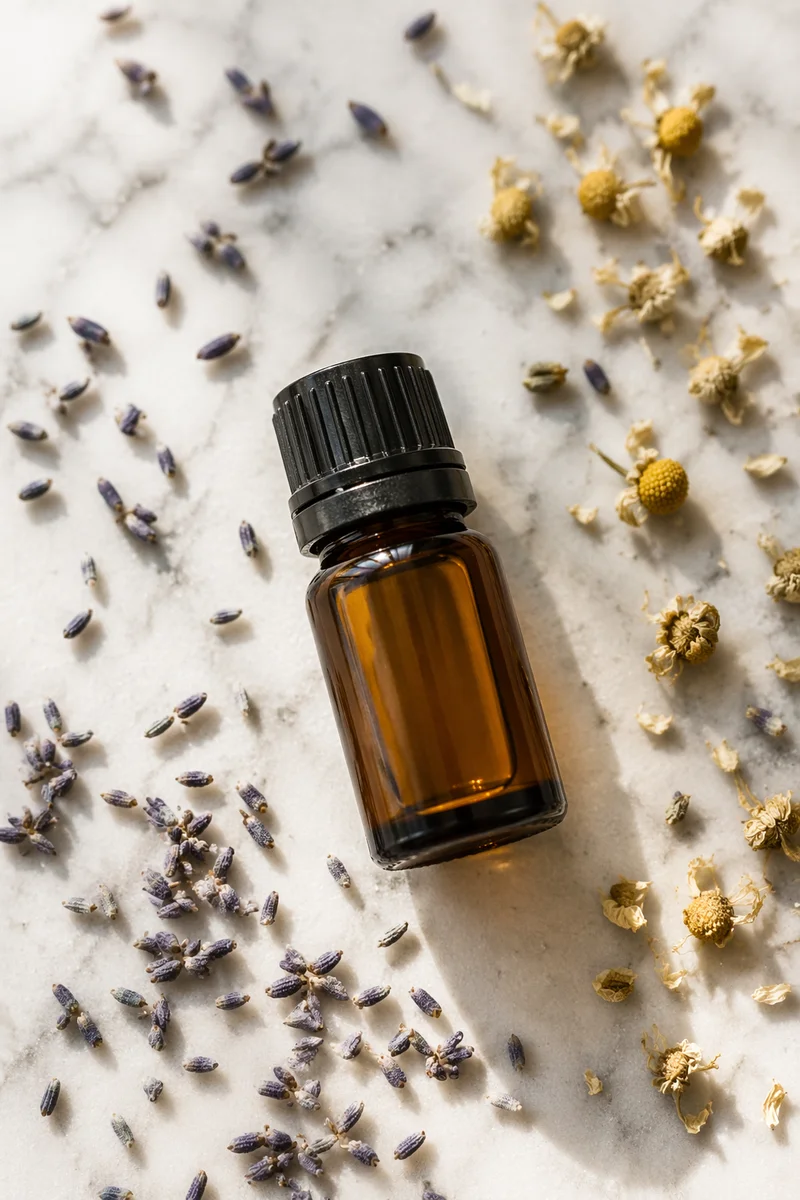 Amber Essential Oil Bottle with Lavender Herbs