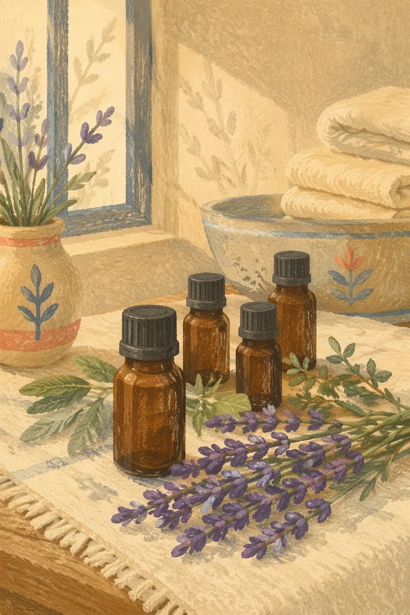 Lavender Essential Oil Bottles with Fresh Herbs