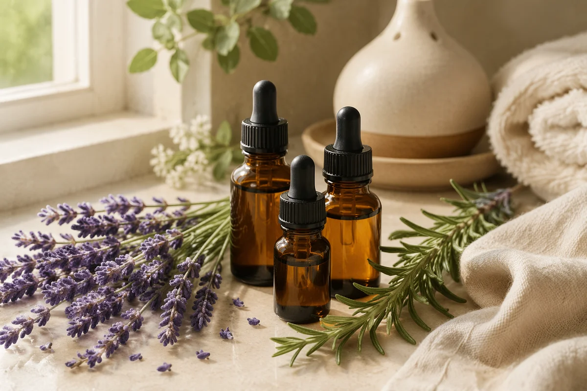 Lavender Essential Oil Bottles and Herbs